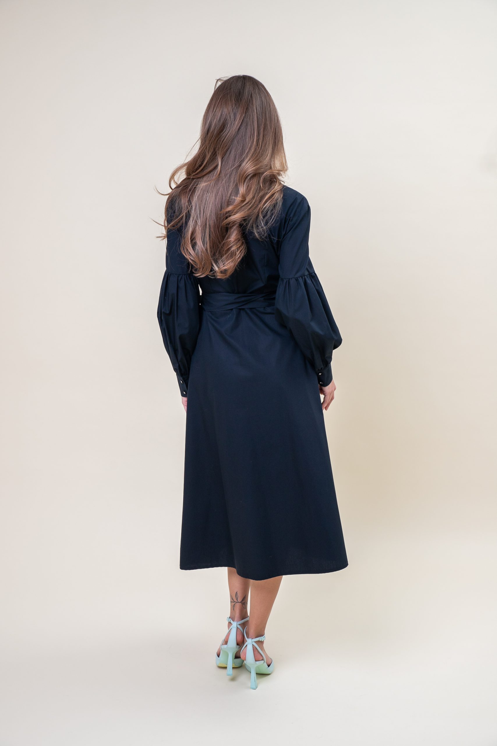 Cotton Poplin Puff Sleeve Wrap Dress In Black back view