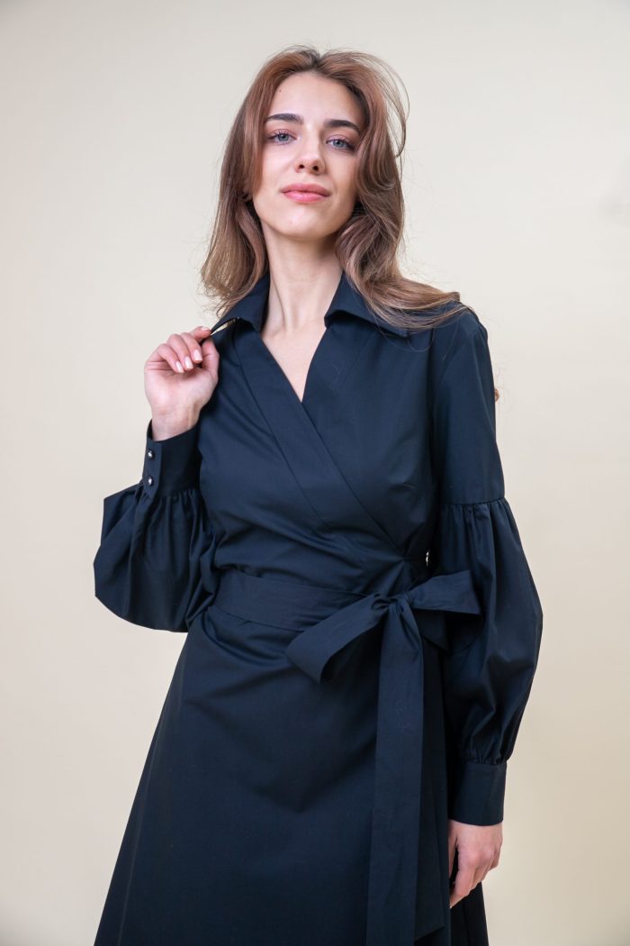 Cotton Poplin Puff Sleeve Wrap Dress In Black close view Cotton Poplin Puff Sleeve Wrap Dress In Black close view