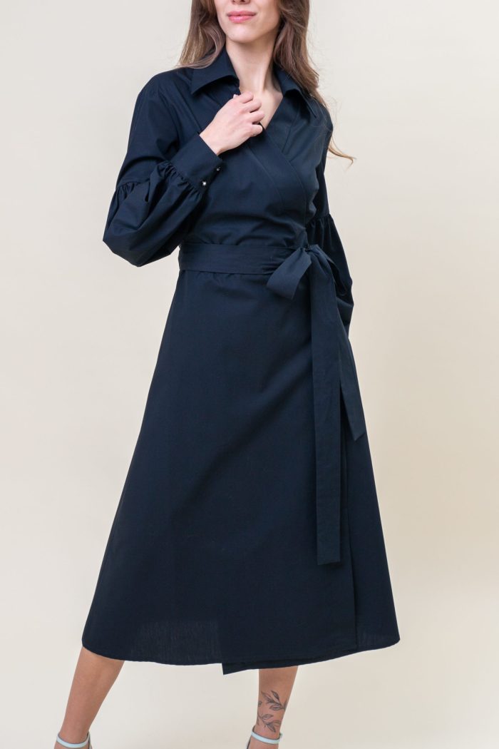 Cotton Poplin Puff Sleeve Wrap Dress In Black forward view Cotton Poplin Puff Sleeve Wrap Dress In Black forward view