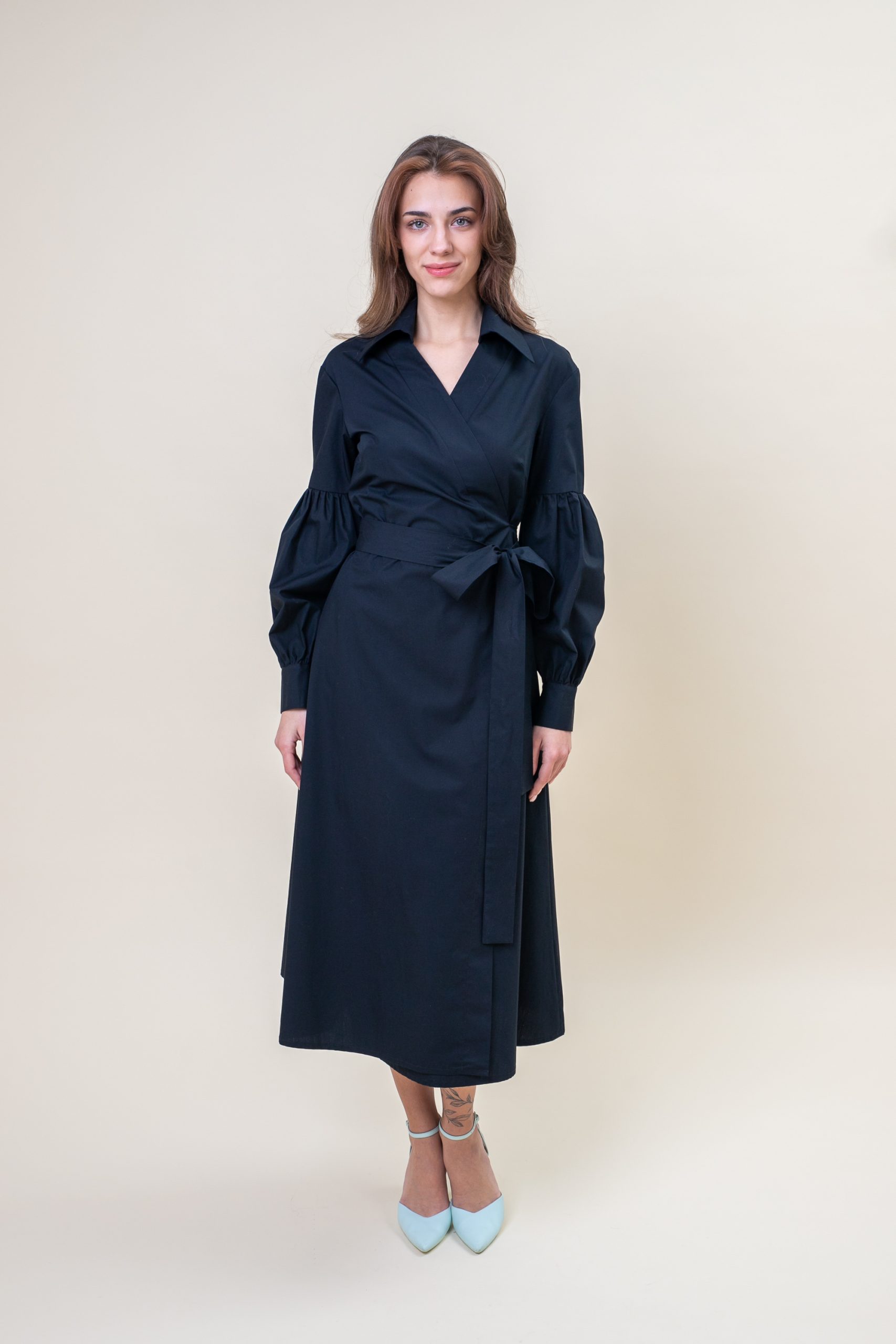 Cotton Poplin Puff Sleeve Wrap Dress In Black front view