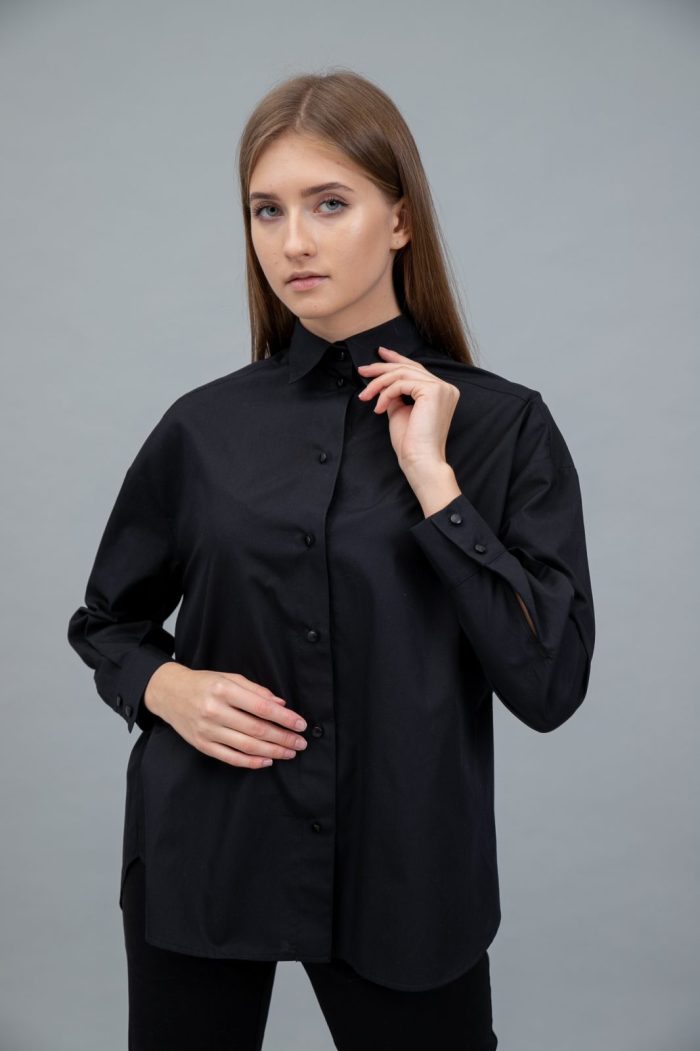Cotton Poplin Shirt Dropped Shoulder Black closer front view Cotton Poplin Shirt Dropped Shoulder Black closer front view