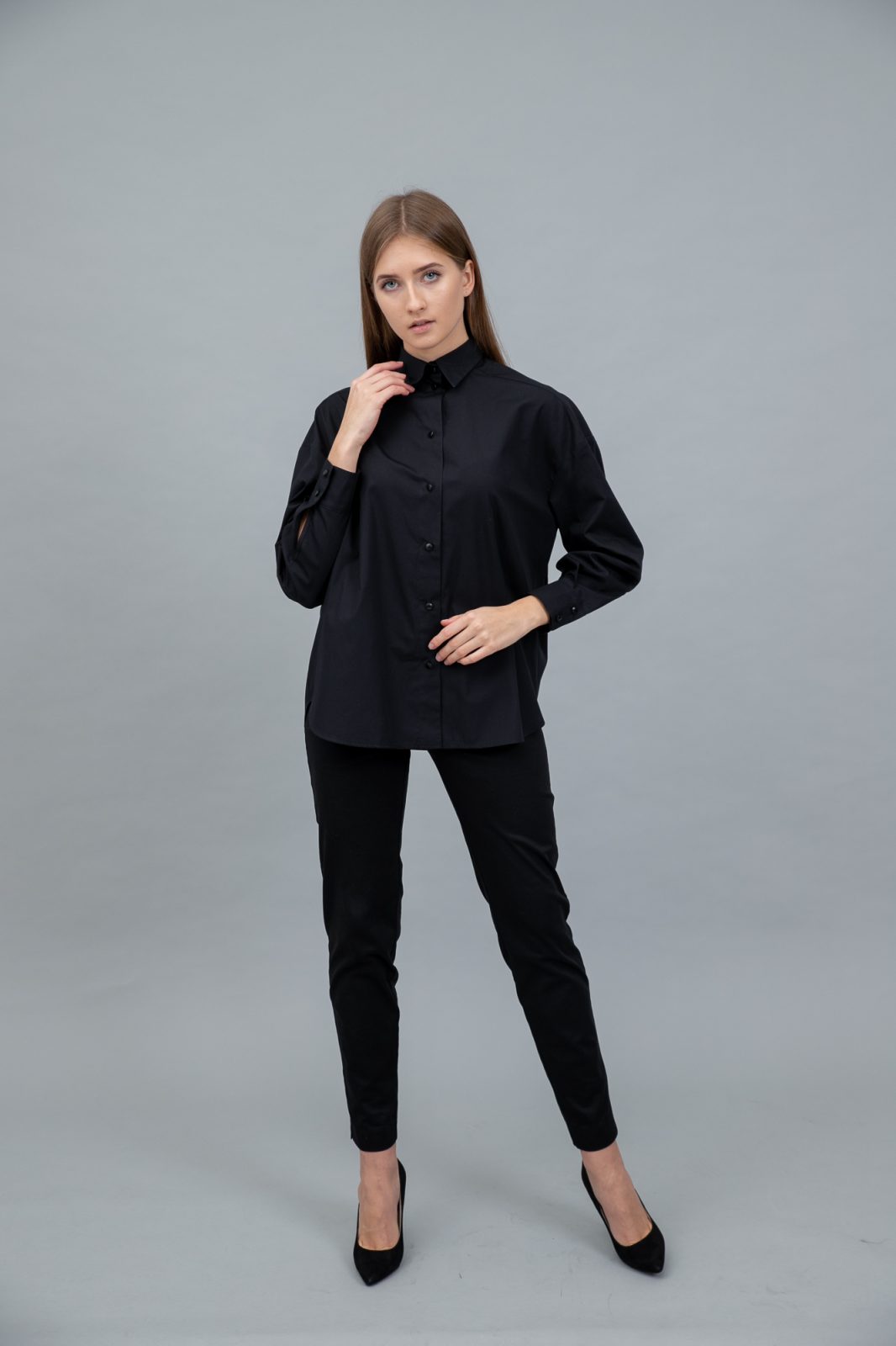 Cotton Poplin Shirt Dropped Shoulder Black front view