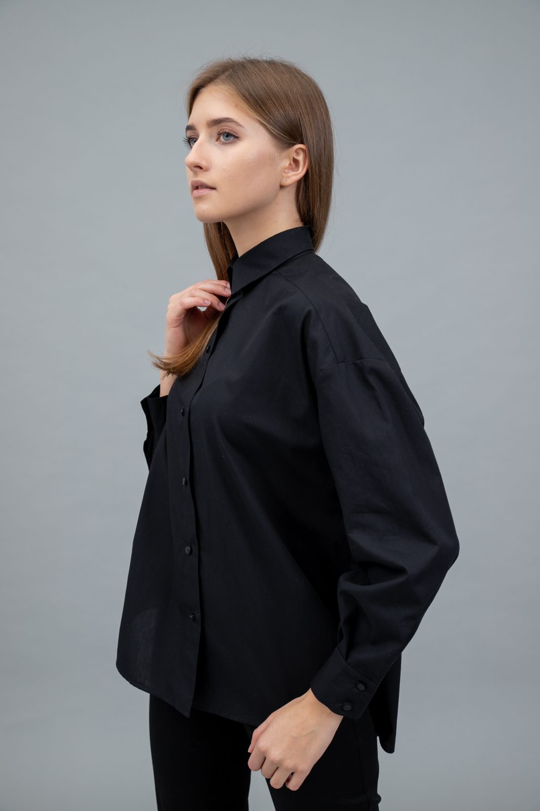 Cotton Poplin Shirt Dropped Shoulder Black side view