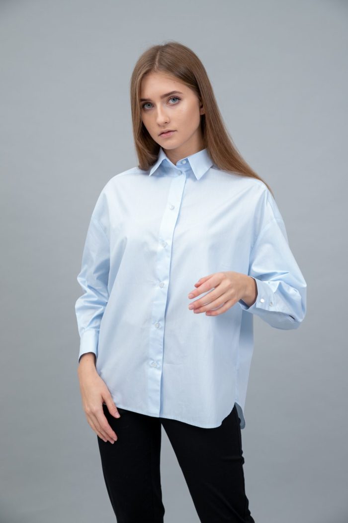 Cotton Poplin Shirt Dropped Shoulder Sky Blue front view Cotton Poplin Shirt Dropped Shoulder Sky Blue front view