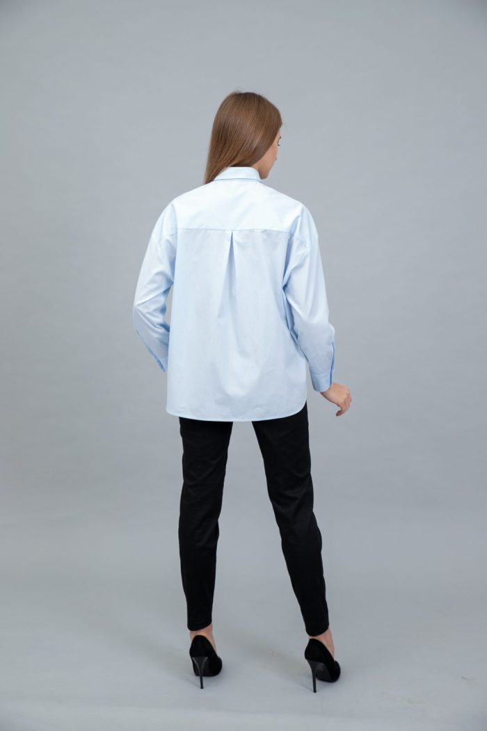 Cotton Poplin Shirt Dropped Shoulder Sky Blue further back view Cotton Poplin Shirt Dropped Shoulder Sky Blue further back view