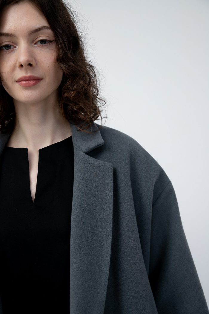 Double Breasted Wool And Cashmere Coat Grey closeup view Double Breasted Wool And Cashmere Coat Grey closeup view