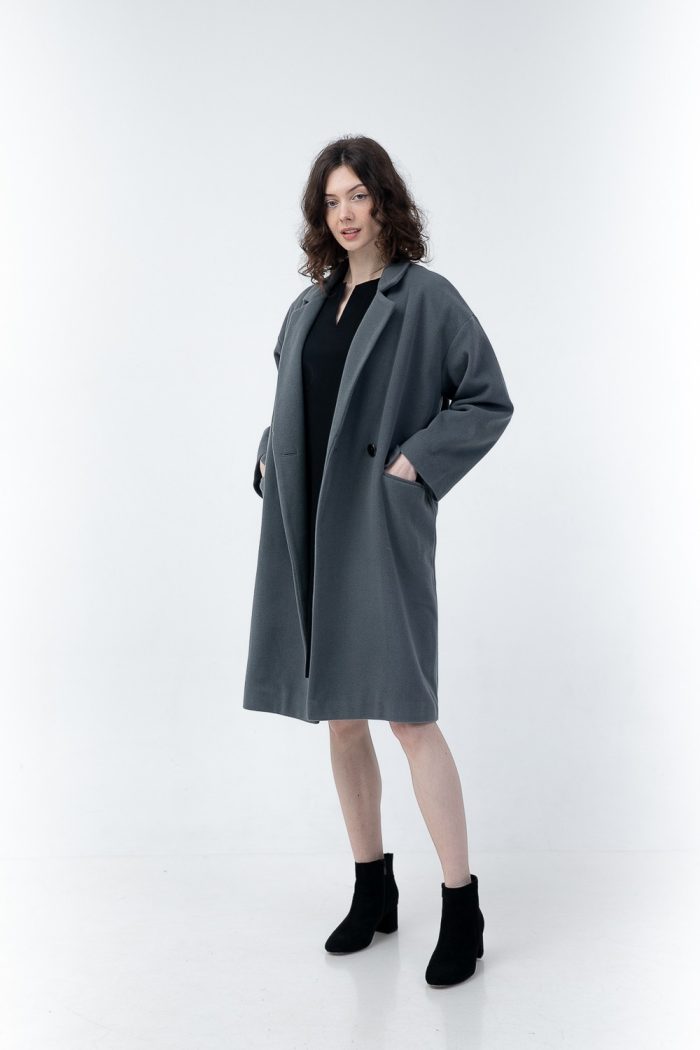 Double Breasted Wool And Cashmere Coat Grey front side view Double Breasted Wool And Cashmere Coat Grey front side view