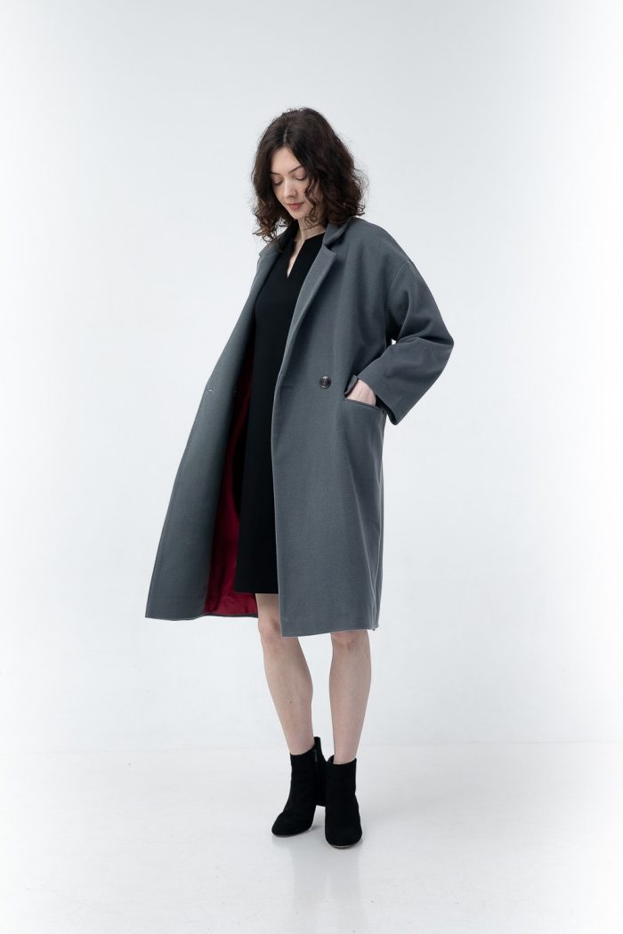 Double Breasted Wool And Cashmere Coat Grey open coat view Double Breasted Wool And Cashmere Coat Grey open coat view