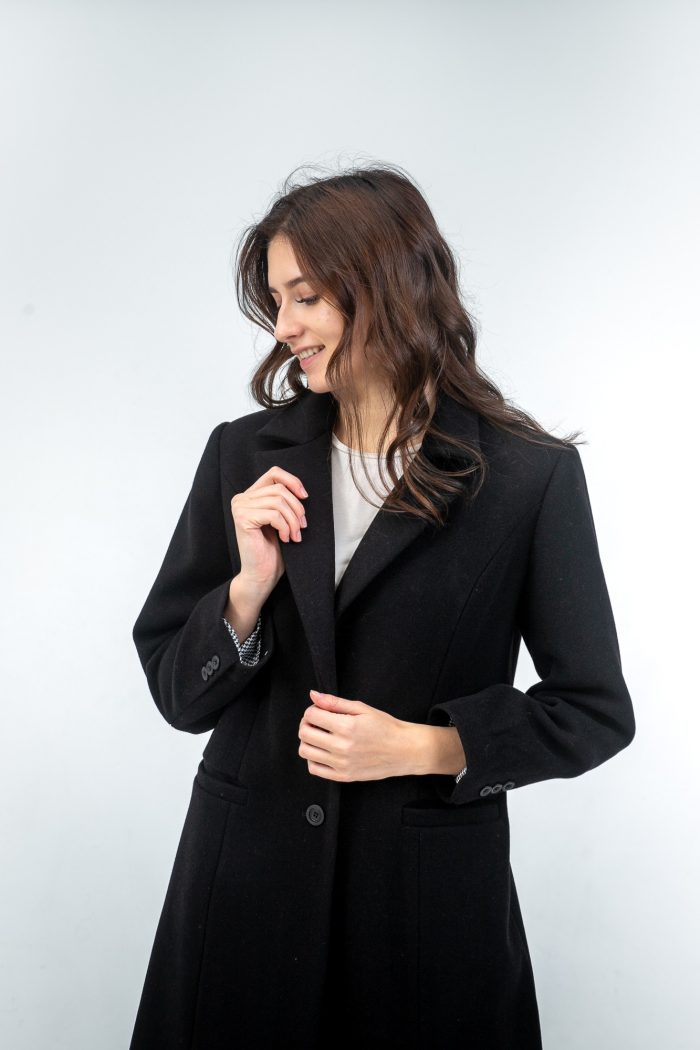 Fitted Wool Black Midi Coat close view Fitted Wool Black Midi Coat close view
