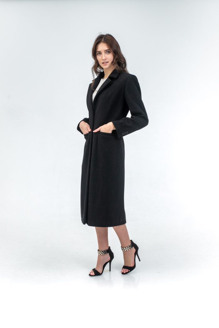 Fitted Wool Black Midi Coat side view Fitted Wool Black Midi Coat side view