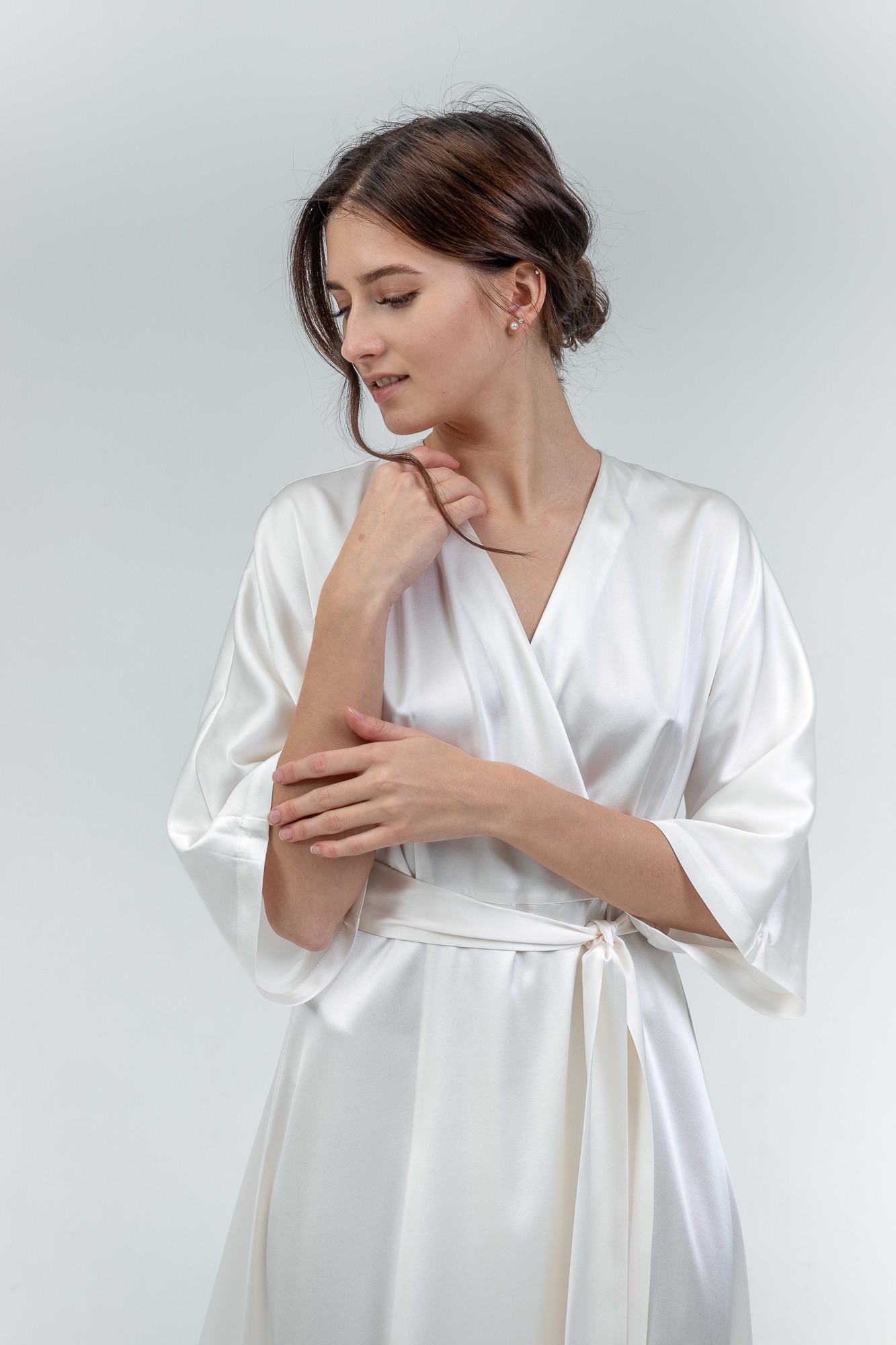 Kimono Sleeve Silk Satin Wrap Midi Dress In White another view