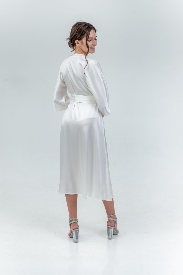 Kimono Sleeve Silk Satin Wrap Midi Dress In White back view Kimono Sleeve Silk Satin Wrap Midi Dress In White back view