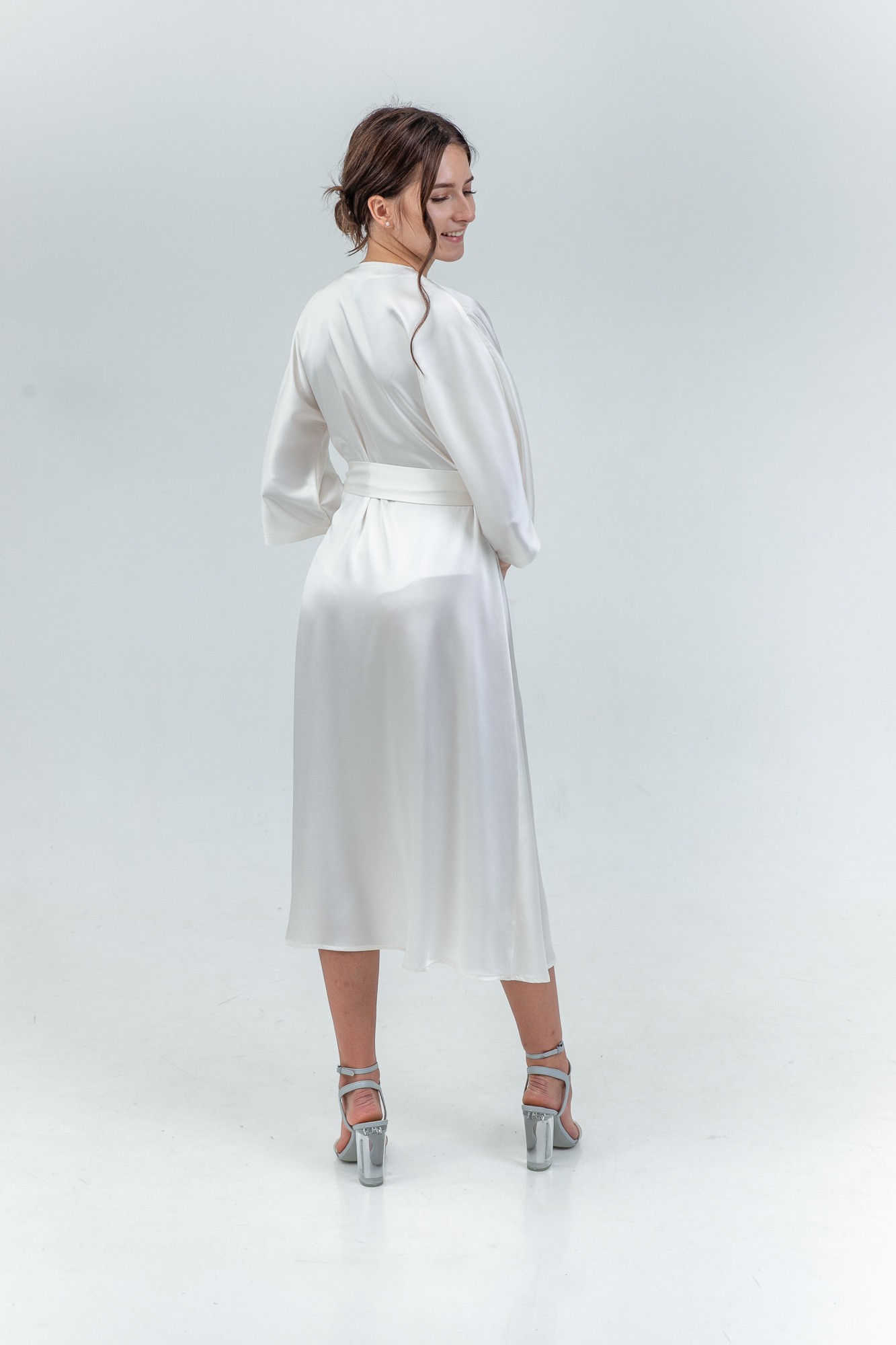 Kimono Sleeve Silk Satin Wrap Midi Dress In White back view