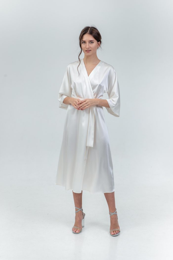 Kimono Sleeve Silk Satin Wrap Midi Dress In White front view Kimono Sleeve Silk Satin Wrap Midi Dress In White front view