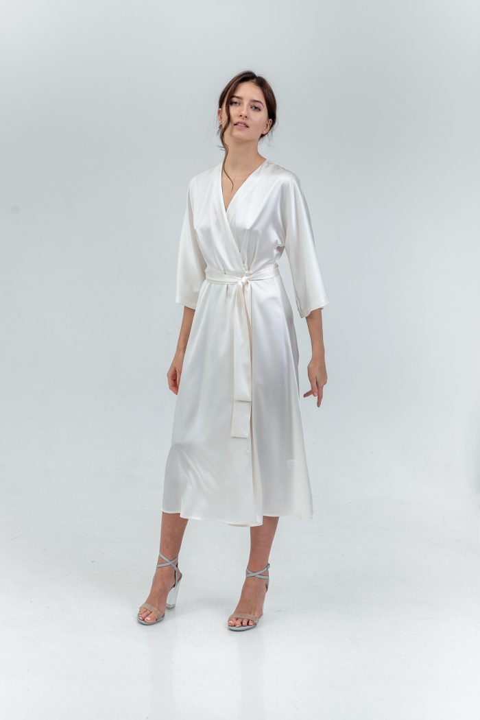 Kimono Sleeve Silk Satin Wrap Midi Dress In White side view Kimono Sleeve Silk Satin Wrap Midi Dress In White side view