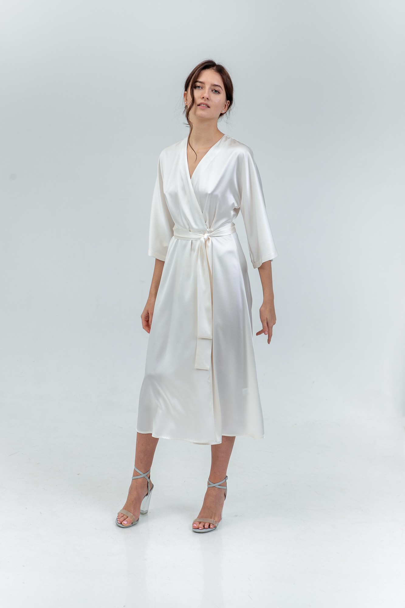 Kimono Sleeve Silk Satin Wrap Midi Dress In White side view