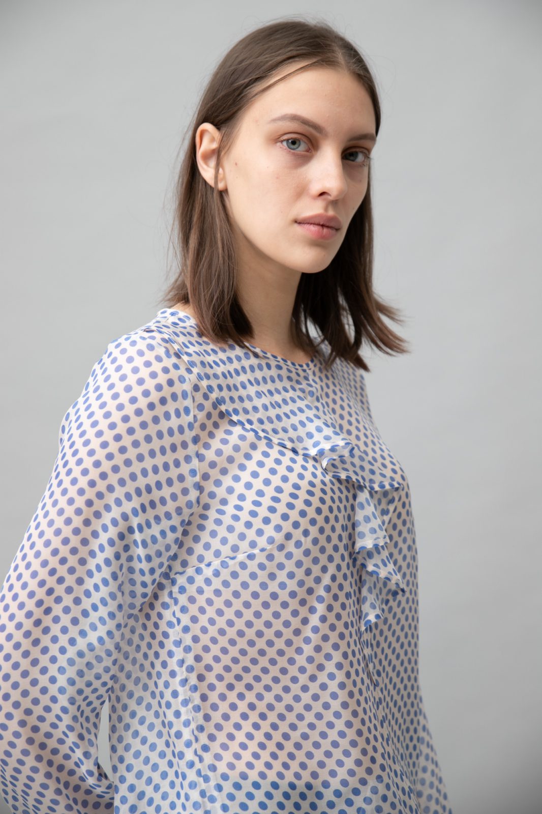 Polka Dot Silk Blouse With Ruffle Blue another side view