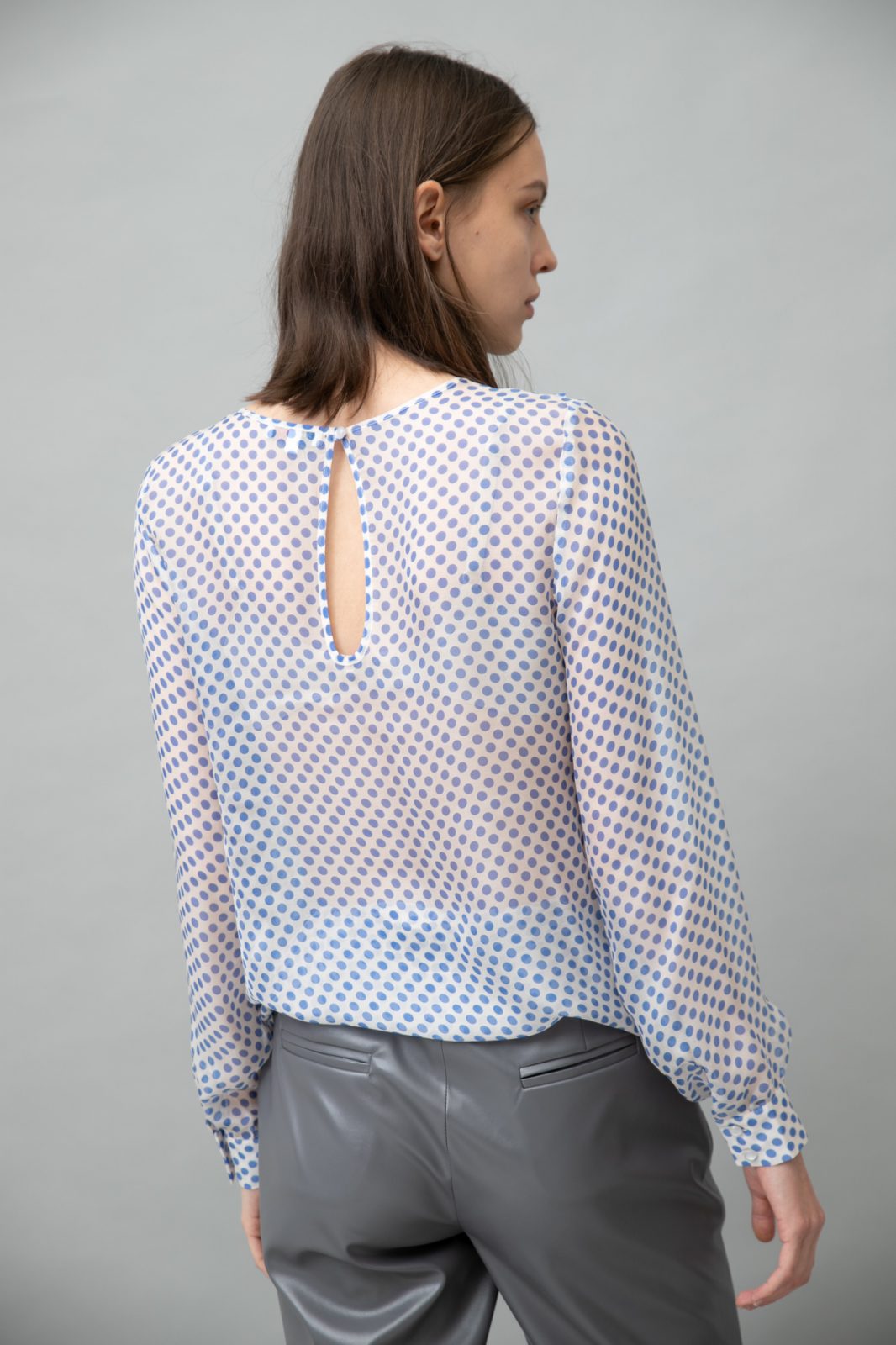 Polka Dot Silk Blouse With Ruffle Blue back view