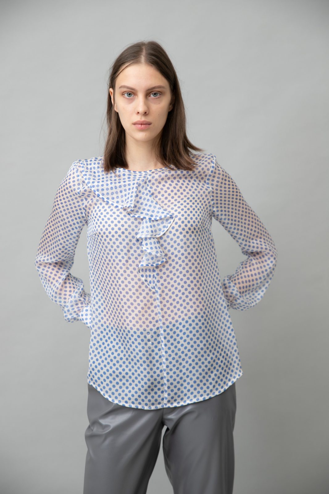 Polka Dot Silk Blouse With Ruffle Blue front view