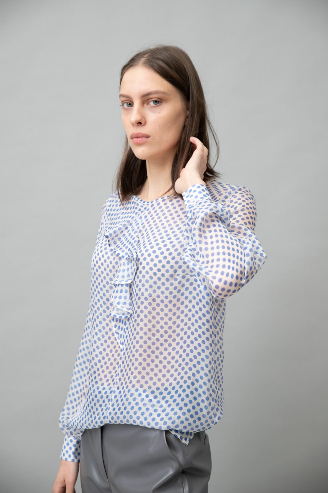 Polka Dot Silk Blouse With Ruffle Blue side view