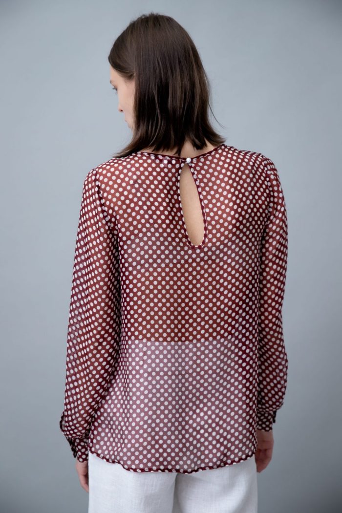 Polka Dot Silk Blouse With Ruffle Merlot back view Polka Dot Silk Blouse With Ruffle Merlot back view