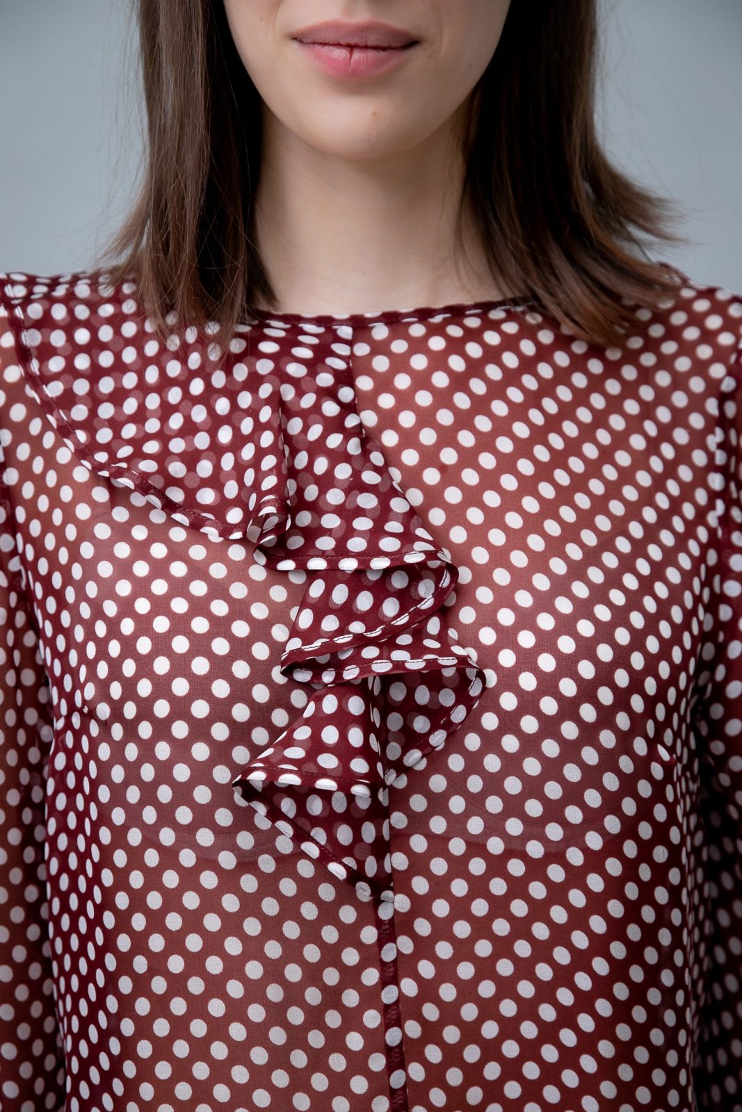 Polka Dot Silk Blouse With Ruffle Merlot closeup view