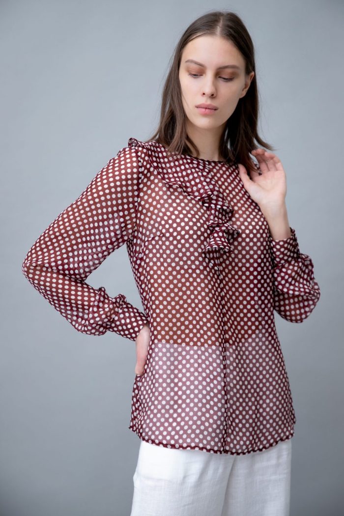 Polka Dot Silk Blouse With Ruffle Merlot front view Polka Dot Silk Blouse With Ruffle Merlot front view