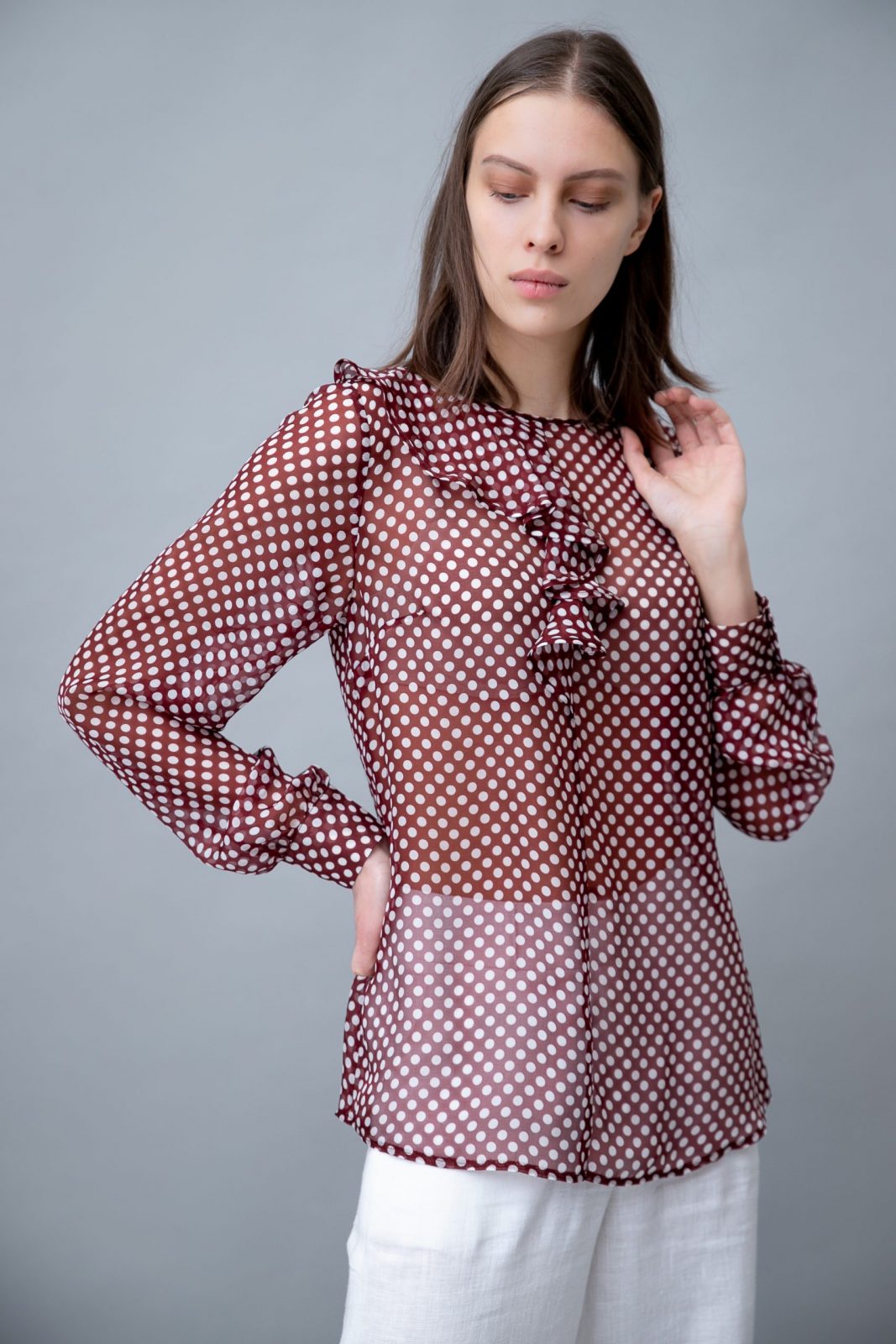 Polka Dot Silk Blouse With Ruffle Merlot front view