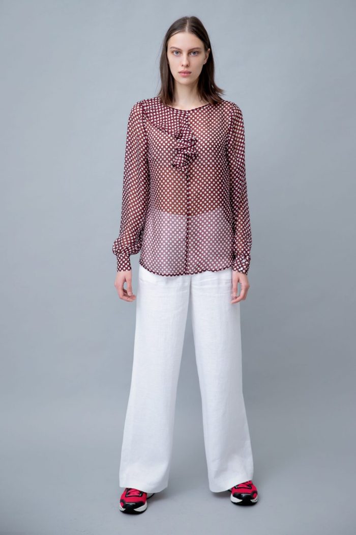 Polka Dot Silk Blouse With Ruffle Merlot general view Polka Dot Silk Blouse With Ruffle Merlot general view
