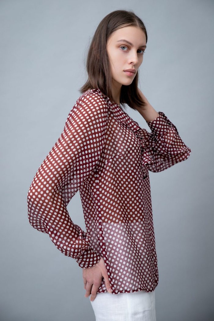 Polka Dot Silk Blouse With Ruffle Merlot side view Polka Dot Silk Blouse With Ruffle Merlot side view