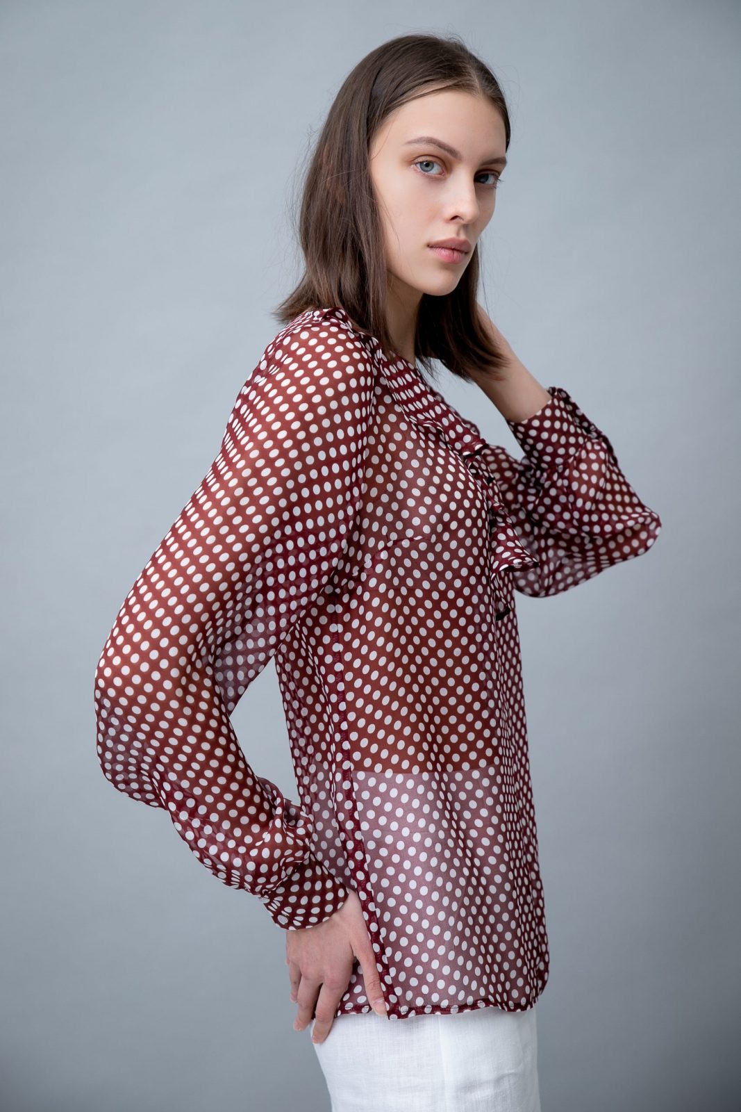 Polka Dot Silk Blouse With Ruffle Merlot side view