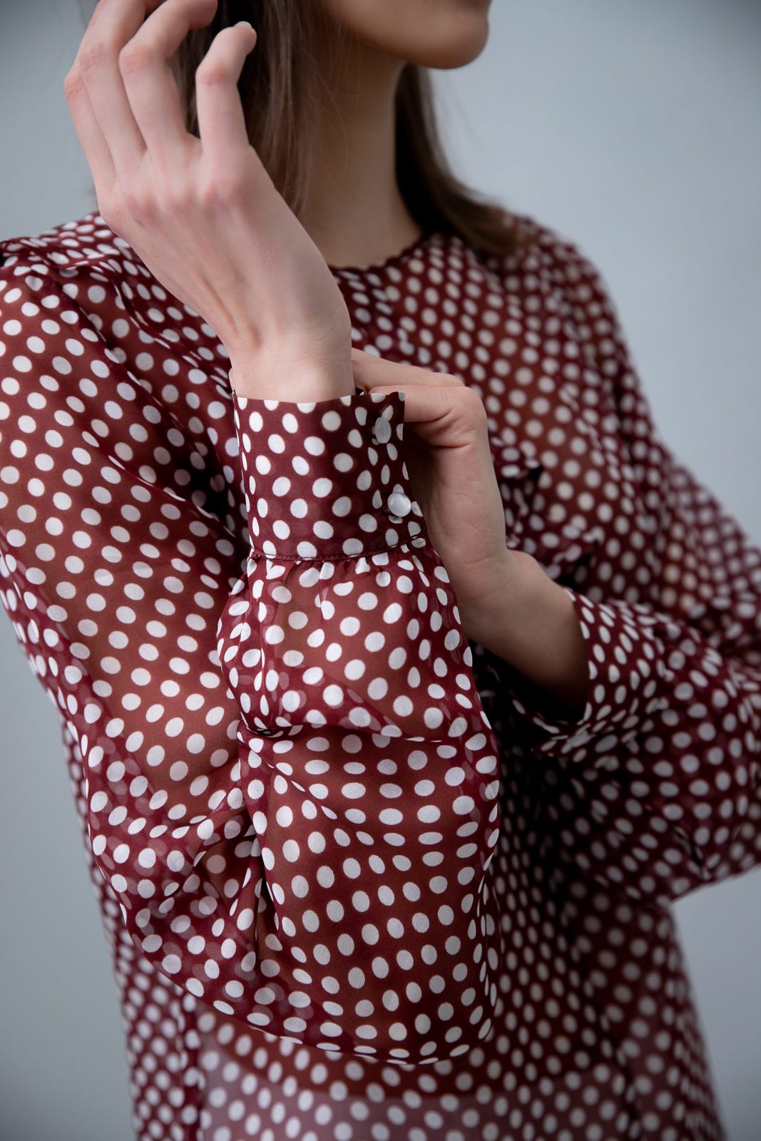 Polka Dot Silk Blouse With Ruffle Merlot sleeve view