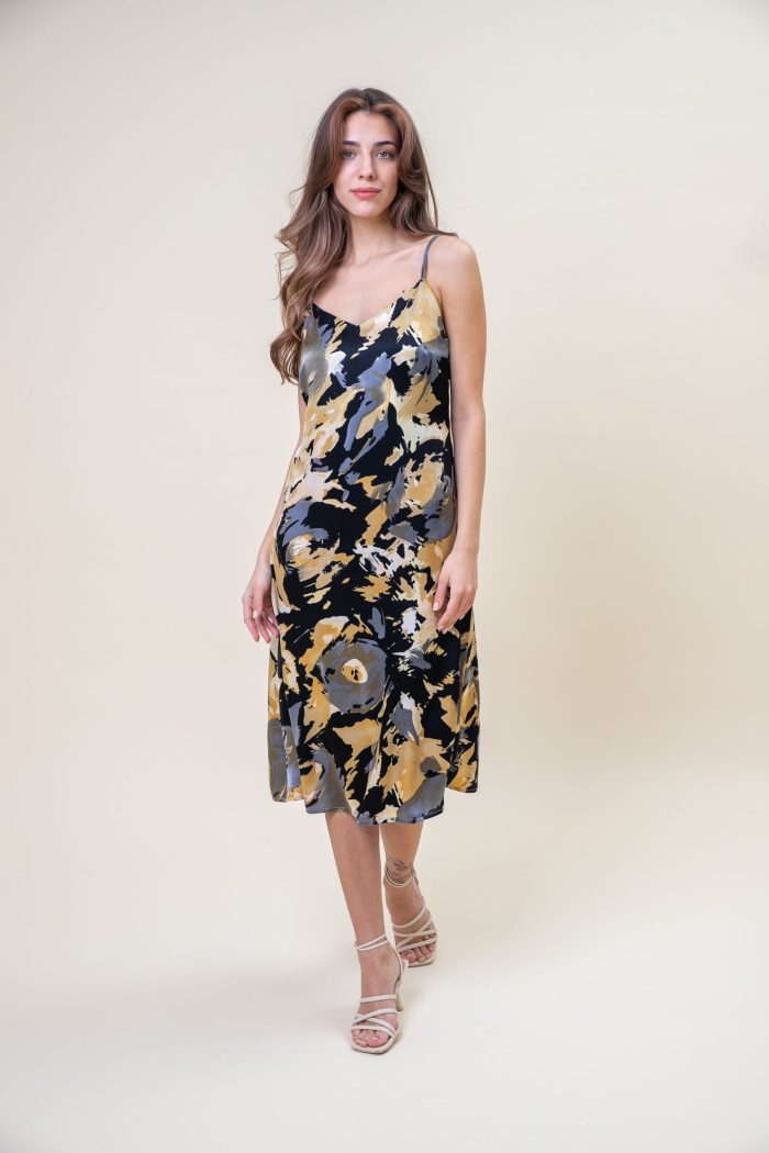 Silk Satin Midi Slip Dress Abstract front view Silk Satin Midi Slip Dress Abstract front view