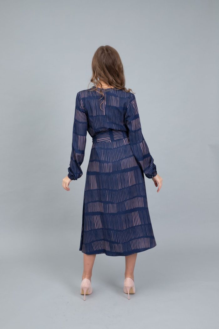 V Neck Faux Wrap Midi Dress Sticks On Navy back view V Neck Faux Wrap Midi Dress Sticks On Navy back view