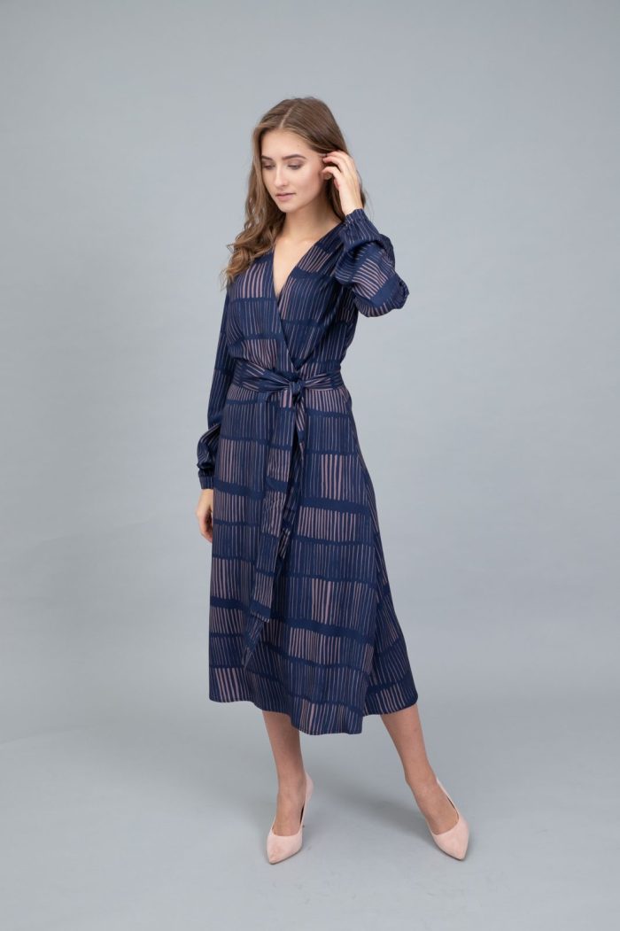 V Neck Faux Wrap Midi Dress Sticks On Navy other view V Neck Faux Wrap Midi Dress Sticks On Navy other view