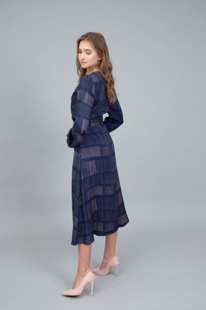 V Neck Faux Wrap Midi Dress Sticks On Navy side view V Neck Faux Wrap Midi Dress Sticks On Navy side view