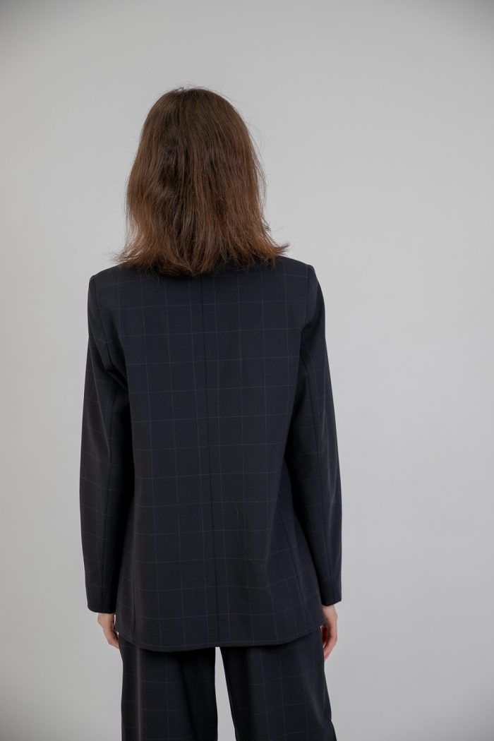 Wool Checked Print Blazer In Navy Blue back view Wool Checked Print Blazer In Navy Blue back view