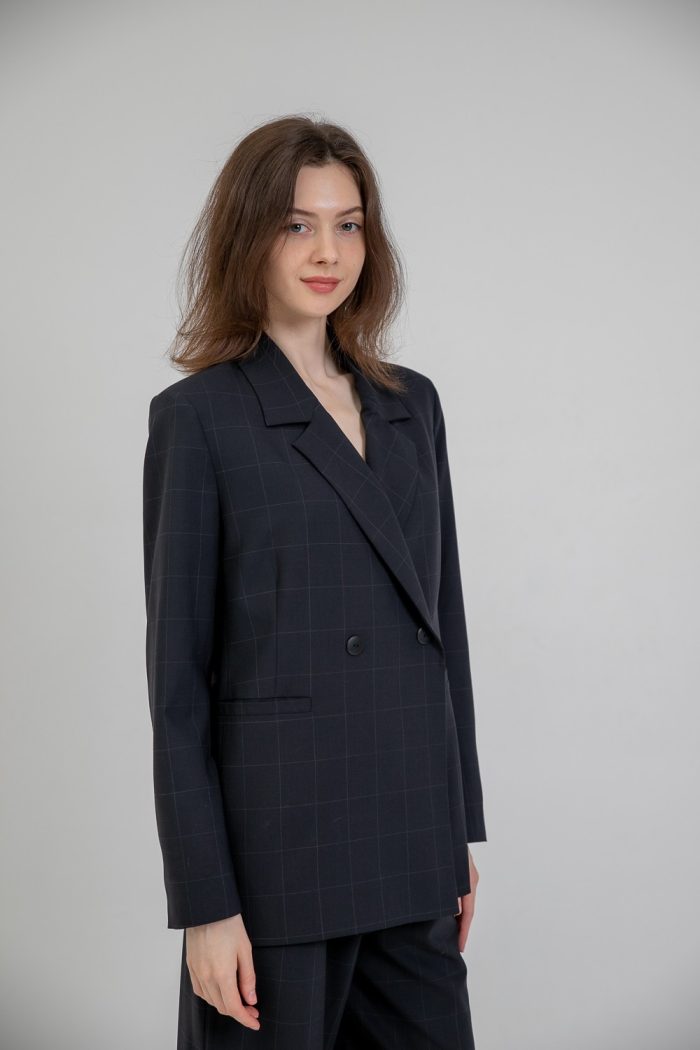 Wool Checked Print Blazer In Navy Blue side view Wool Checked Print Blazer In Navy Blue side view