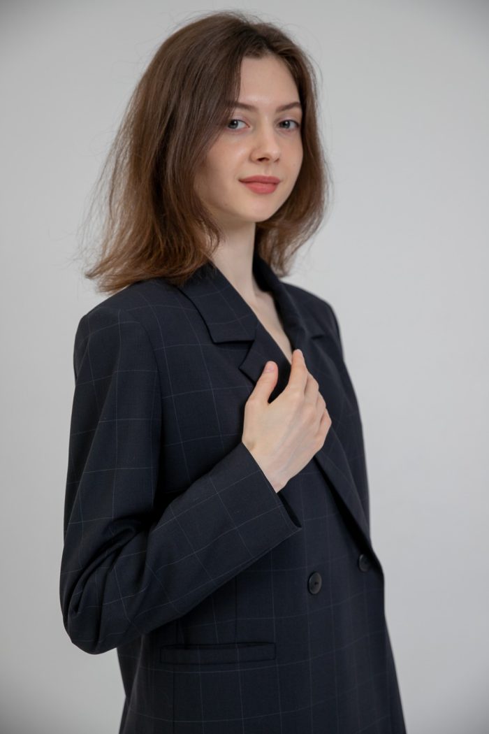 Wool Checked Print Blazer In Navy Blue sleeve view Wool Checked Print Blazer In Navy Blue sleeve view