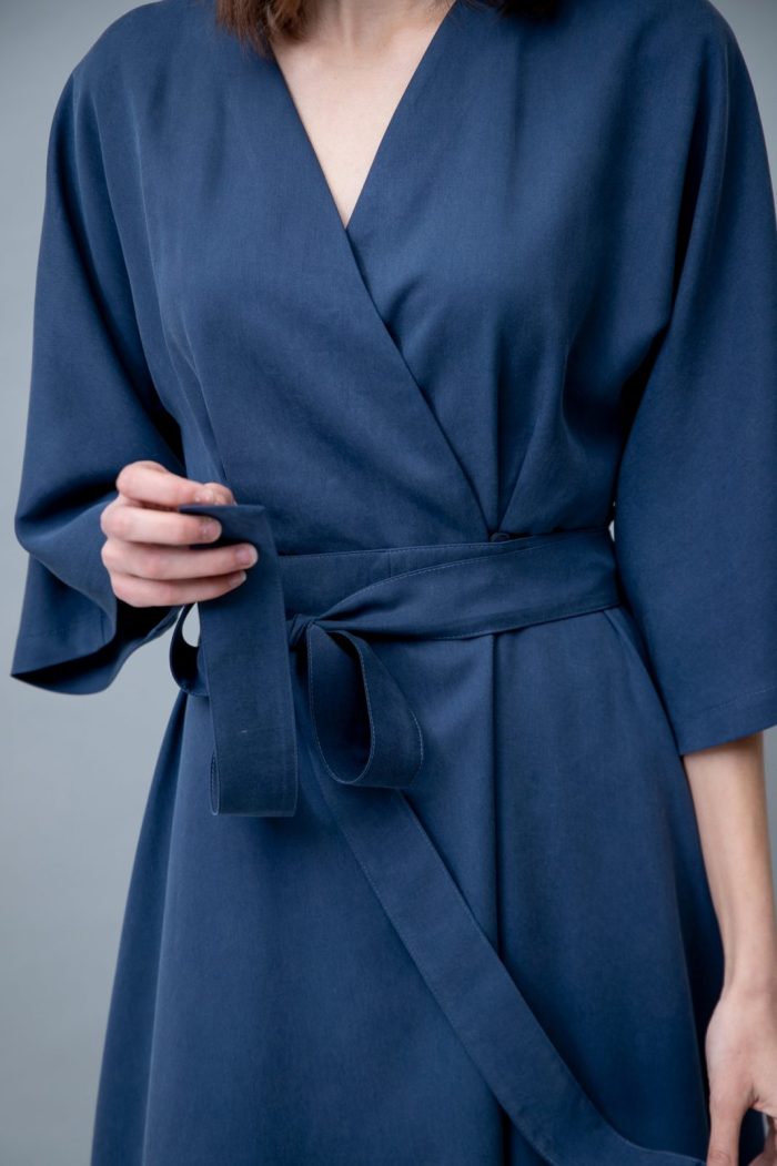 Wrap Midi Dress Kimono Sleeve Jeans Blue bow view Wrap Midi Dress Kimono Sleeve Jeans Blue bow view