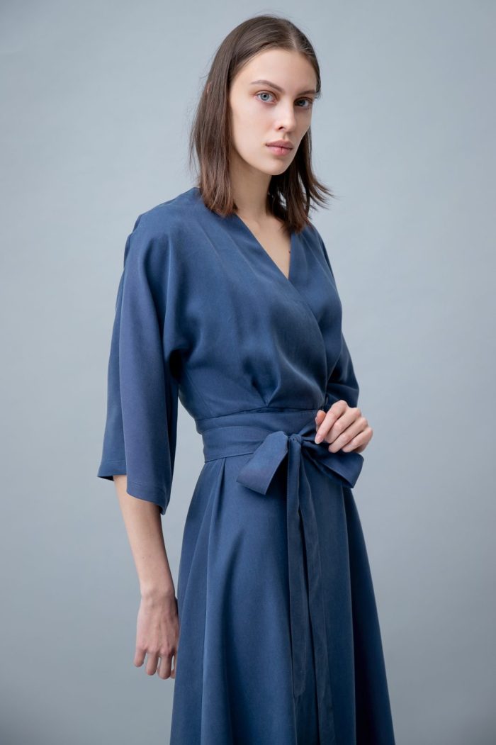 Wrap Midi Dress Kimono Sleeve Jeans Blue front side view Wrap Midi Dress Kimono Sleeve Jeans Blue front side view