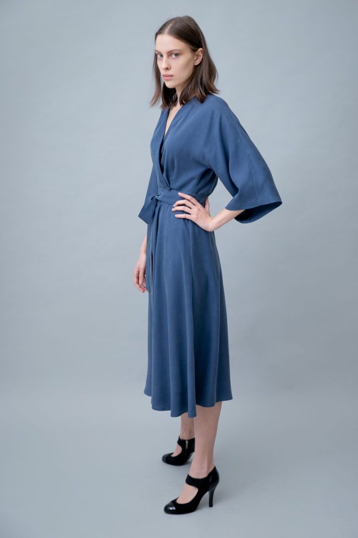 Wrap Midi Dress Kimono Sleeve Jeans Blue side view Wrap Midi Dress Kimono Sleeve Jeans Blue side view