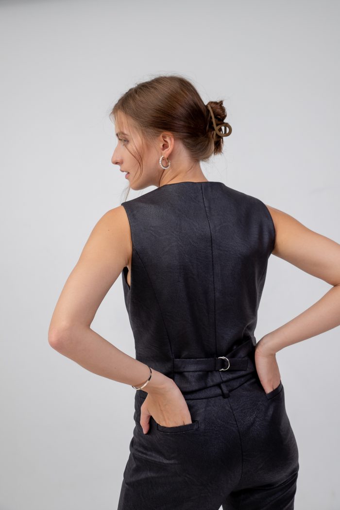 Faux Leather Waistcoat Black back view Faux Leather Waistcoat Black back view