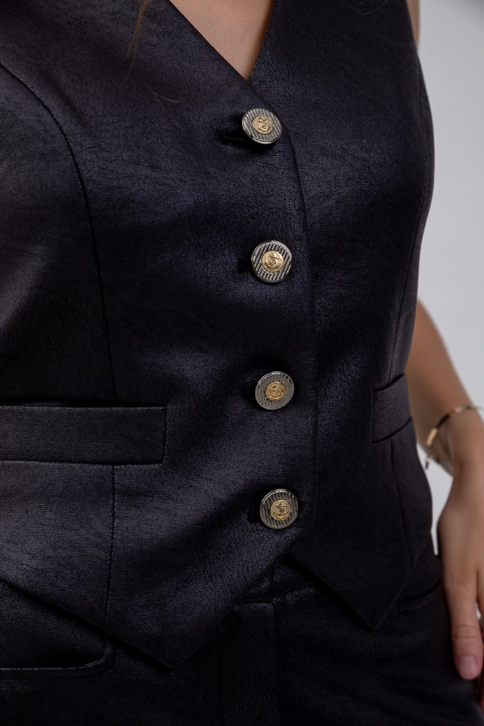 Faux Leather Waistcoat Black closeup view Faux Leather Waistcoat Black closeup view