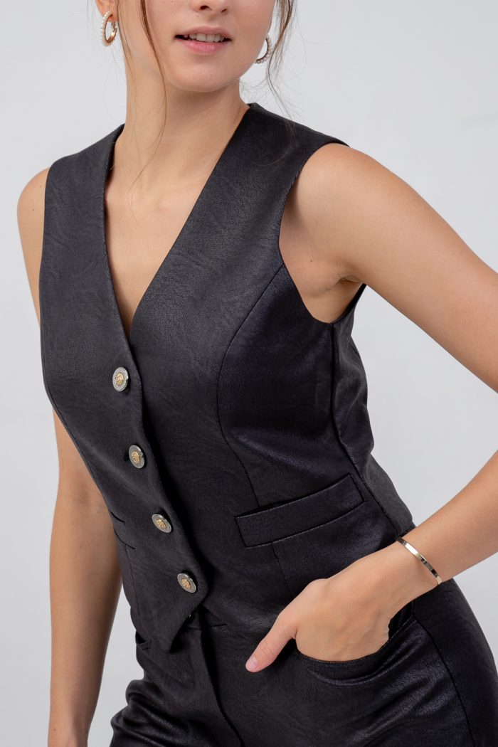 Faux Leather Waistcoat Black side view Faux Leather Waistcoat Black side view