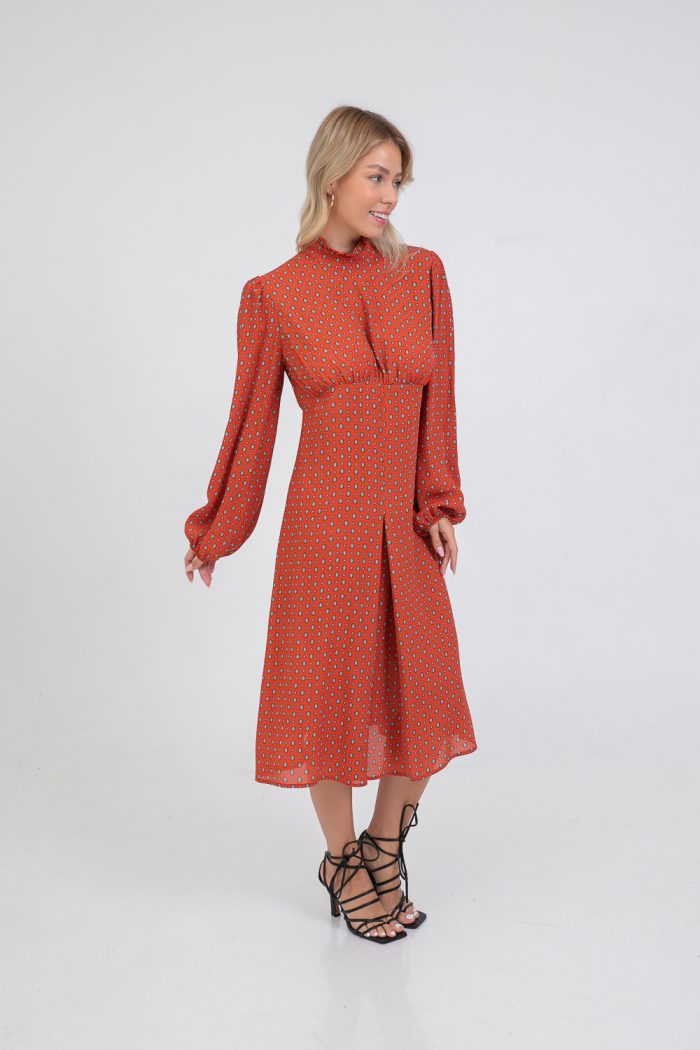 High Neck Pleated Viscose Midi Dress step view High Neck Pleated Viscose Midi Dress step view