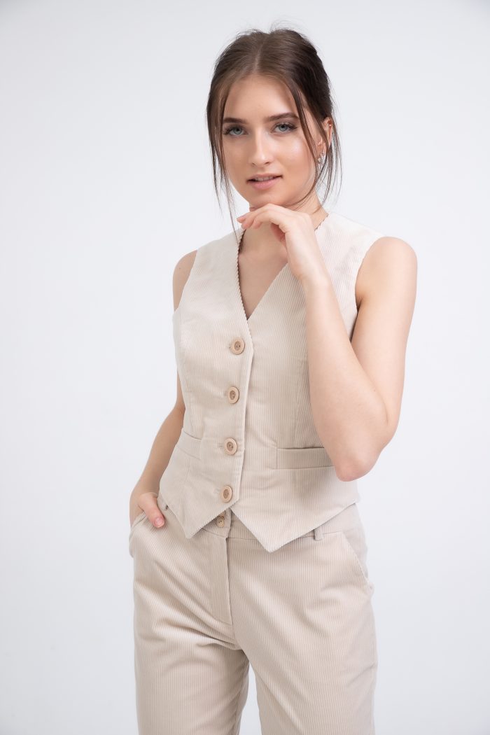 Fitted Cotton Velvet Waistcoat In Light Beige another view Fitted Cotton Velvet Waistcoat In Light Beige another view