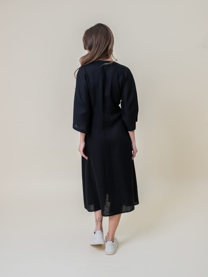 Linen Wrap Midi Dress Black back view Linen Wrap Midi Dress Black back view