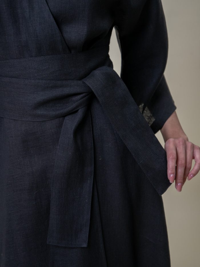 Linen Wrap Midi Dress Black bow view Linen Wrap Midi Dress Black bow view