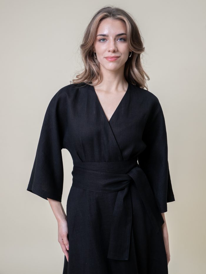Linen Wrap Midi Dress Black closer front view Linen Wrap Midi Dress Black closer front view